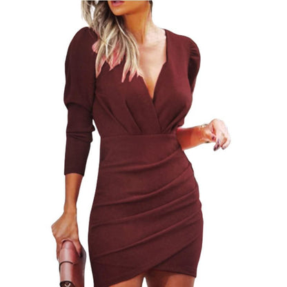 Deep V Ruched Short Sleeve Bodycon Wrap Mini Dress