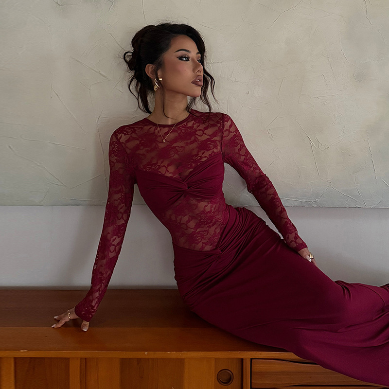 Long-sleeved patchwork lace dress