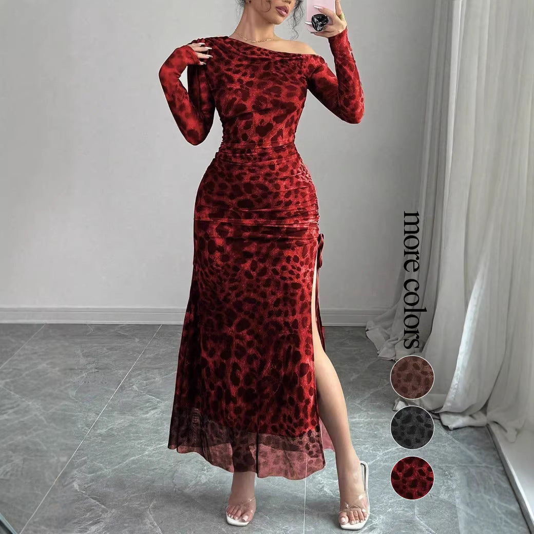 Mesh leopard print fitted long-sleeved dress