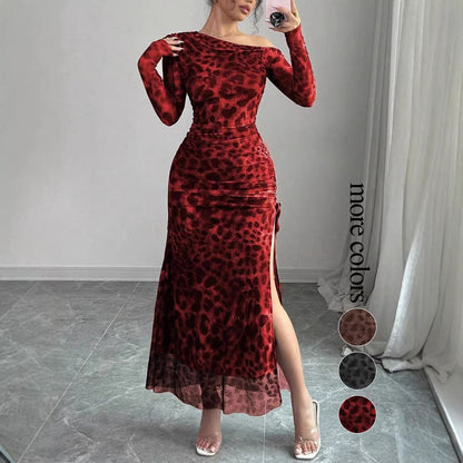 Mesh leopard print fitted long-sleeved dress