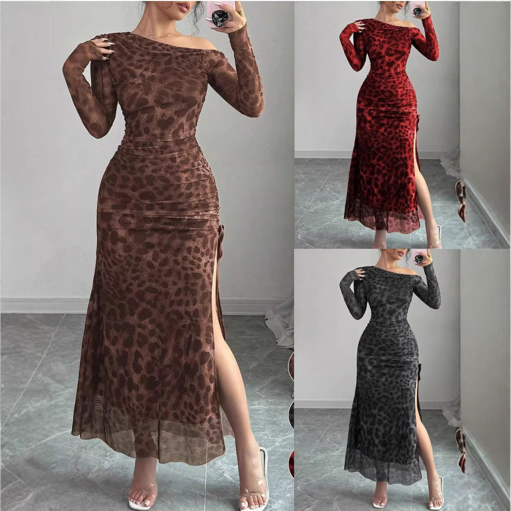 Mesh leopard print fitted long-sleeved dress