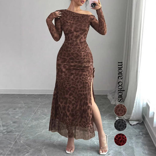 Mesh leopard print fitted long-sleeved dress