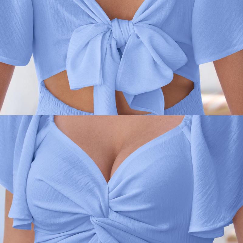 Square neck short-sleeved high-waisted dress