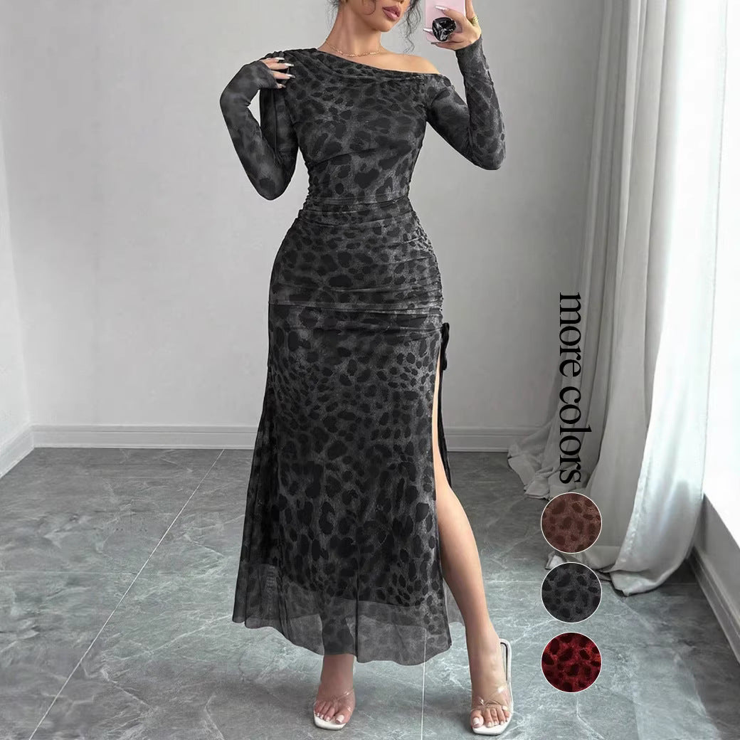 Mesh leopard print fitted long-sleeved dress