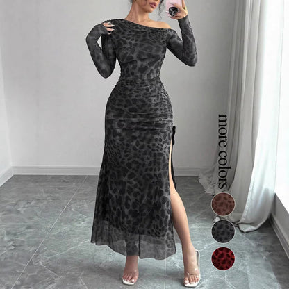 Mesh leopard print fitted long-sleeved dress