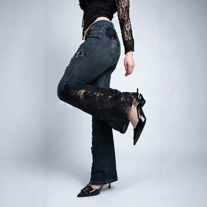 Lace ripped flared jeans