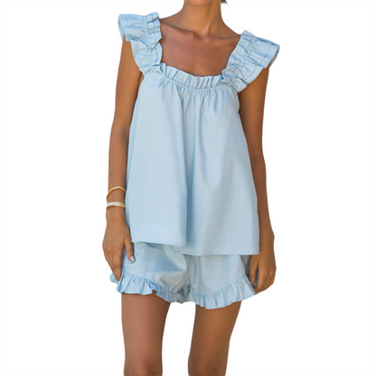 Ruffle hem casual vest shorts two-piece set